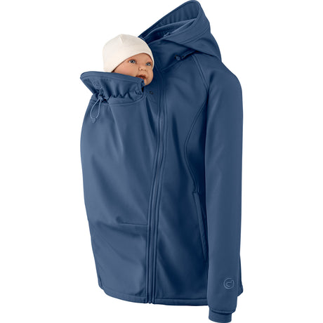 Mamalila Softshell Babywearing Jacket Allrounder Fit Navy, front carry with baby in insert, side view