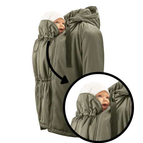 Mamalila Boston Babywearing Jacket Olive, close-up of baby insert with adjustable neck support and hood