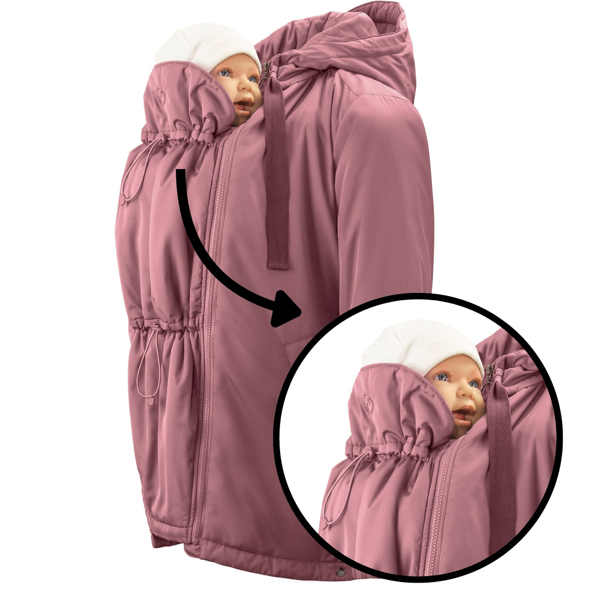 Mamalila Boston Babywearing Jacket Dark Rose, close-up of baby insert with adjustable neck support and hood