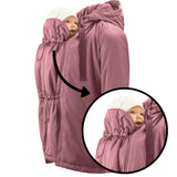 Mamalila Boston Babywearing Jacket Dark Rose, close-up of baby insert with adjustable neck support and hood