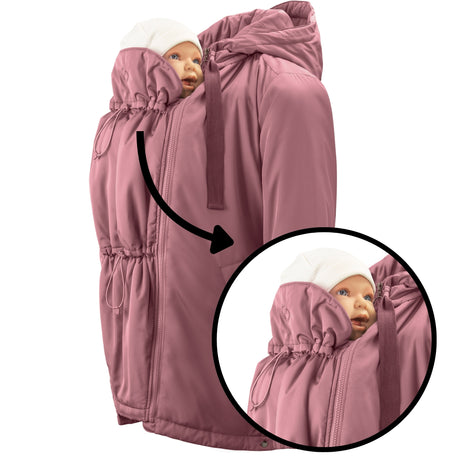 Mamalila Boston Babywearing Jacket Dark Rose, close-up of baby insert with adjustable neck support and hood