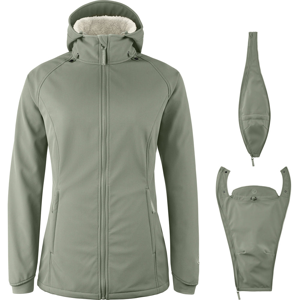 Mamalila Allrounder Winter softshell babywearing jacket in agave green, shown with its pregnancy insert and baby insert