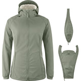 Mamalila Allrounder Winter softshell babywearing jacket in agave green, shown with its pregnancy insert and baby insert