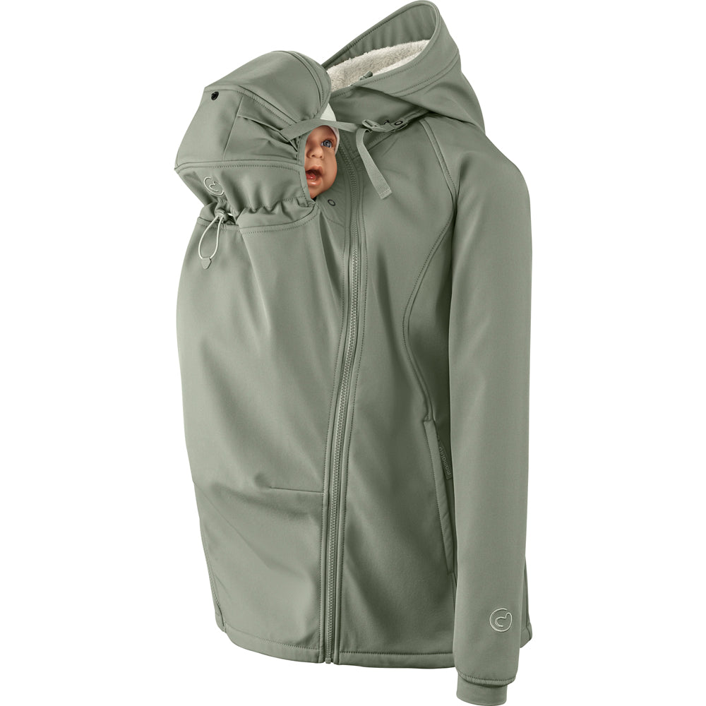 Mamalila Allrounder Winter softshell babywearing jacket in agave green, front carrying with the baby hood up