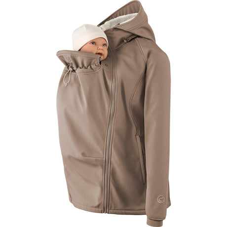 Mamalila Allrounder Winter softshell babywearing jacket in chestnut brown, front carrying with the baby insert zipped in