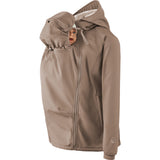 Mamalila Allrounder Winter softshell babywearing jacket in chestnut brown, front carrying with the baby hood up