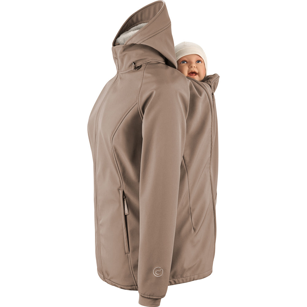 Mamalila Allrounder Winter softshell babywearing jacket in chestnut brown, baby insert zipped into the back for back carrying