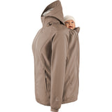 Mamalila Allrounder Winter softshell babywearing jacket in chestnut brown, baby insert zipped into the back for back carrying