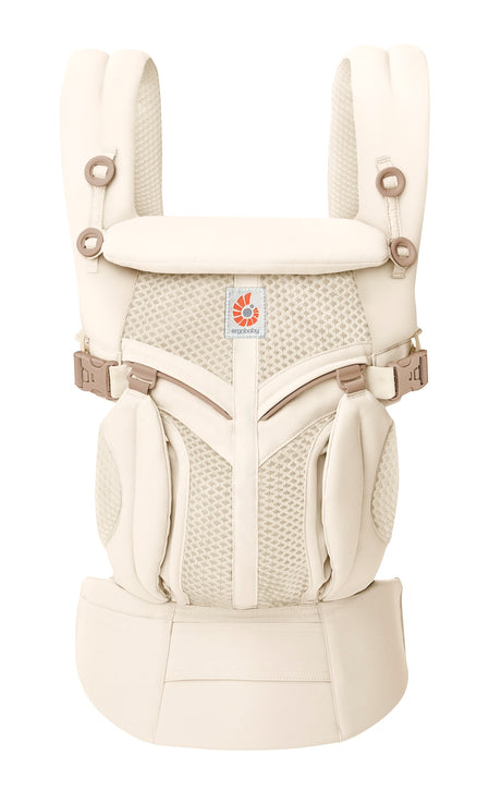 Beige baby carrier with mesh back on a white background