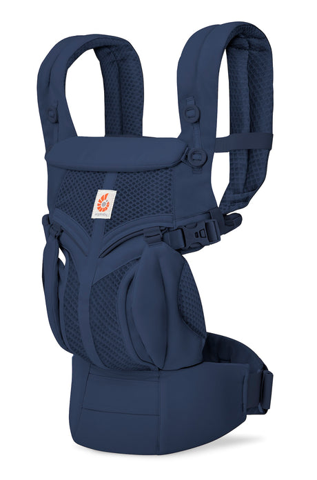 Navy blue baby carrier with a visible brand logo on a white background